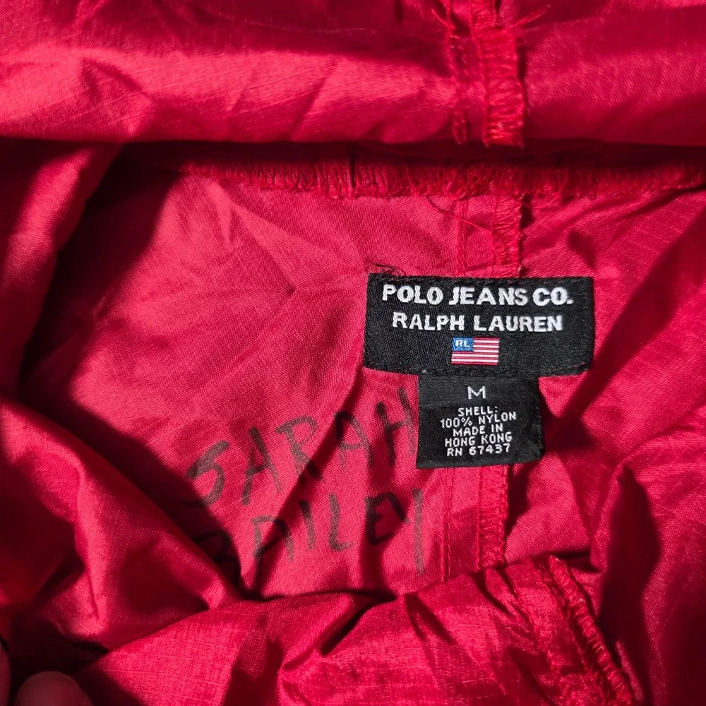 Polo Jeans Co Ralph Lauren Mens M Windbreaker Red Quarter Zip Hooded Anorak